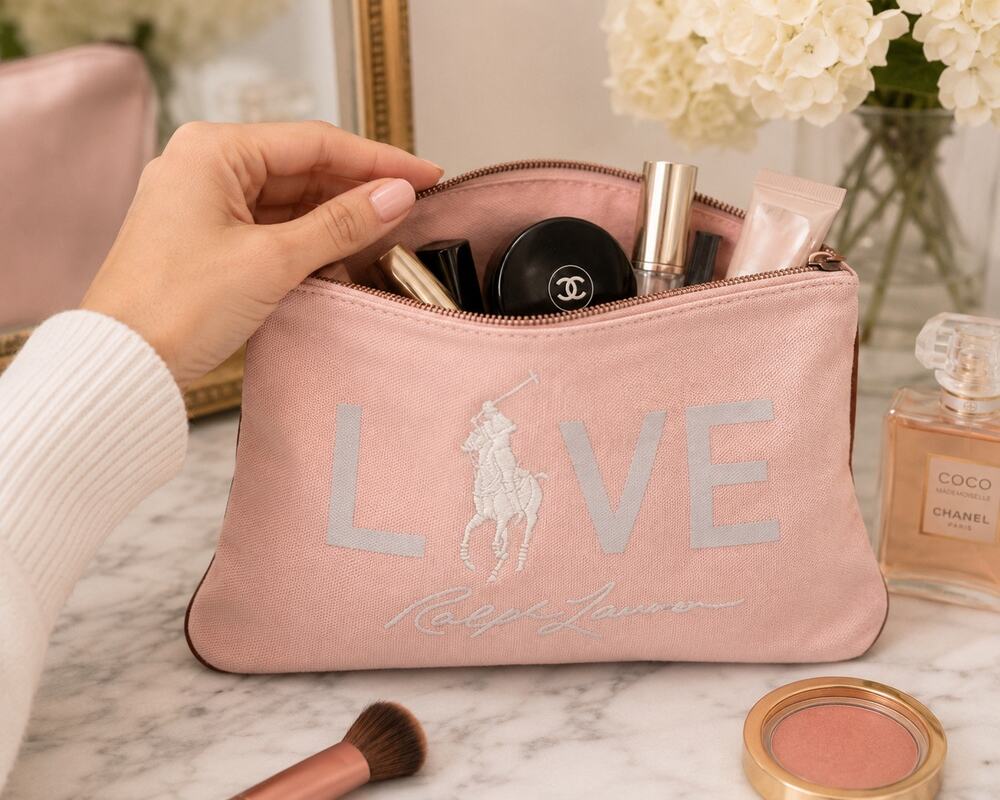 Polo Ralph Lauren LOVE Pink Canvas Makeup Cosmetic Pouch Leather Trim Large